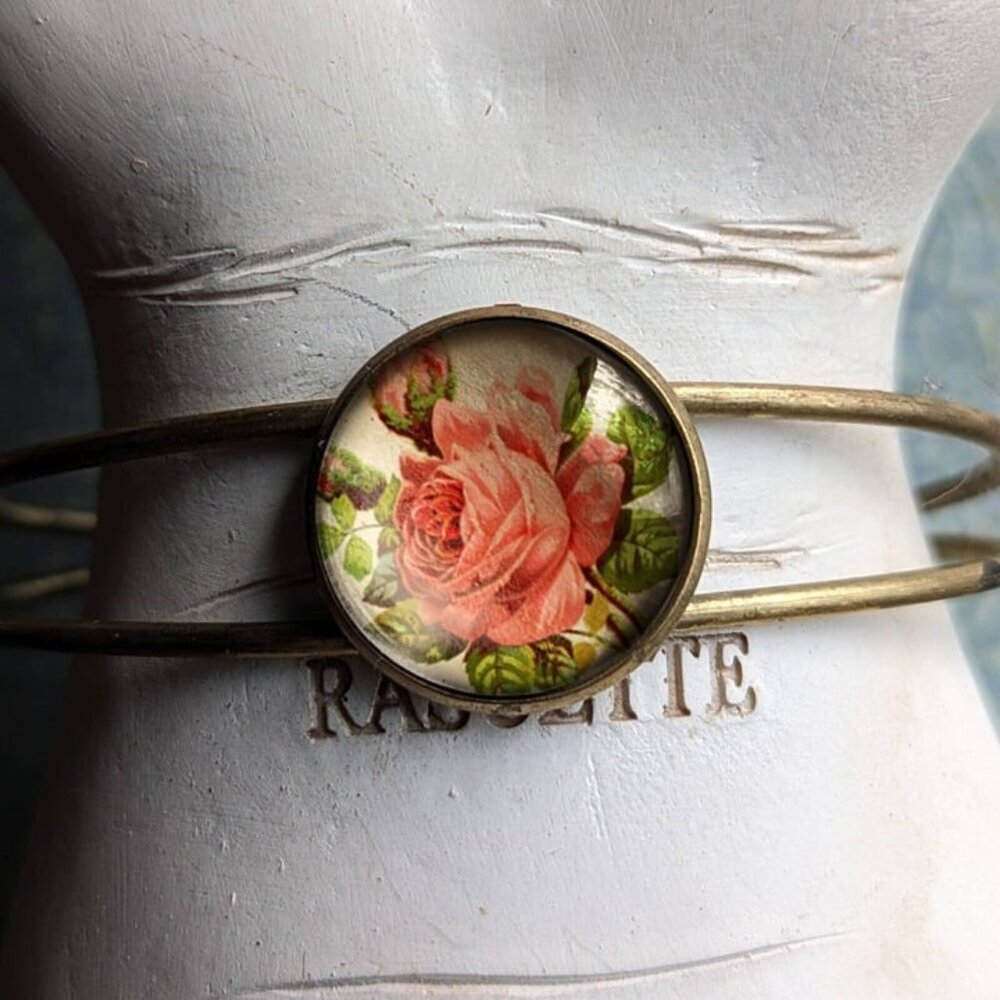Red Rose Cuff Bracelet‎ - Romantic Antiqued Bronze and Glass Cabochon Jewelry